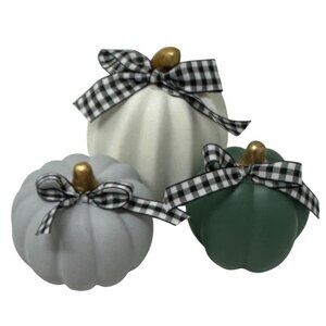 Farmhouse Pumpkin Trio White Gray Green Buffalo Check Ribbon Fall Decor Set
